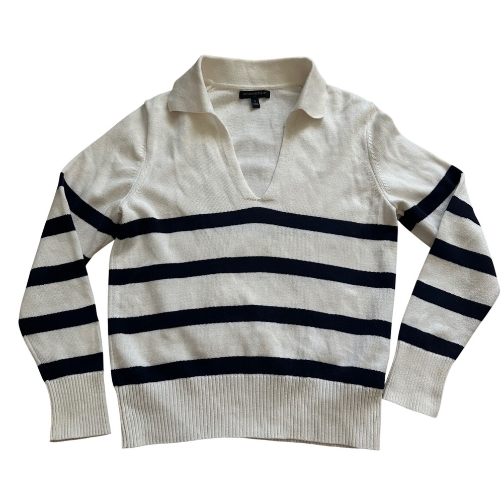 Banana Republic Womens Small Cotton Striped Polo Sweater Cream Navy Blue V-Neck